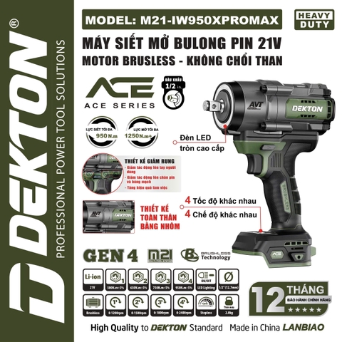 Thân Máy Siết Bulong Pin Dekton M21-IW950XPROMAX – Lực Siết 950Nm, Động Cơ Brushless (Chính Hãng)