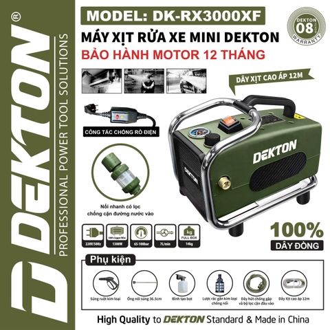 Máy Rửa Xe Mini Dekton DK-RX3000XF – Công Suất 1300W, 100% Dây Đồng (Bảo Hành Motor 12 Tháng)