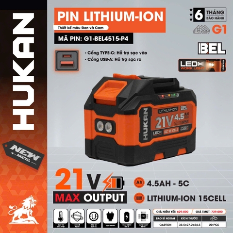 Pin Lithium-ion 21V 4.5Ah Hukan G1-BEL4515-P4 (15 Cell - Tích Hợp Cổng Type-C & USB-A)