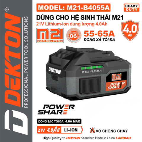 Pin Dekton 21V 4.0Ah M21-B4055A Heavy Duty – Dòng Xả 55-65A Vỏ Chống Cháy (Chính Hãng)