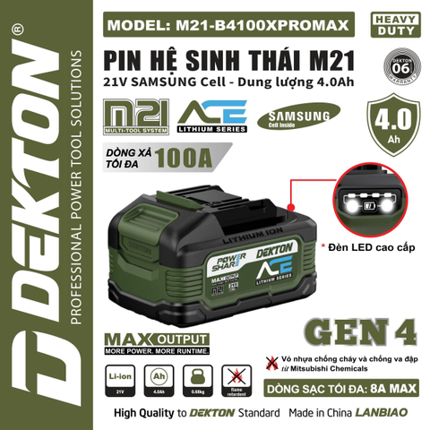 Pin 21V 4.0Ah Dekton M21-B4100XPROMAX Gen 4 – Cell Samsung Dòng Xả Siêu Khủng 100A (Chân Pin Phổ Thông M21)