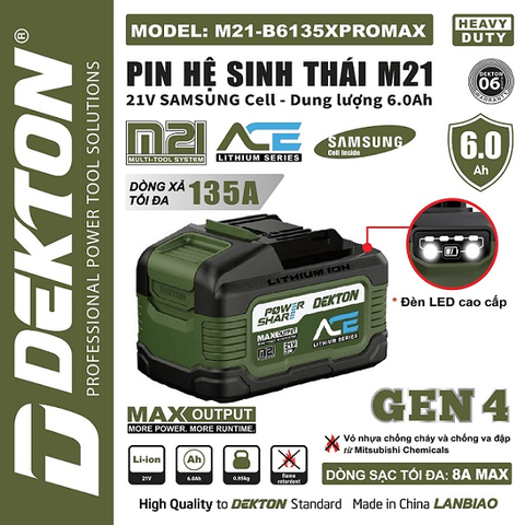 Pin 21V 6.0Ah Dekton M21-B6135XPROMAX Gen 4 – Cell Samsung Dòng Xả Siêu Khủng 135A (Chân Pin Phổ Thông M21)