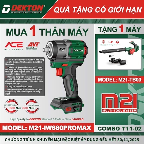 COMBO MUA 1 TẶNG 1: Thân máy Siết Bu Lông Dekton M21-IW680PROMAX 680Nm (Xanh) TẶNG Thân máy Thổi Bụi M21-TB03 (Chưa kèm Pin Sạc)