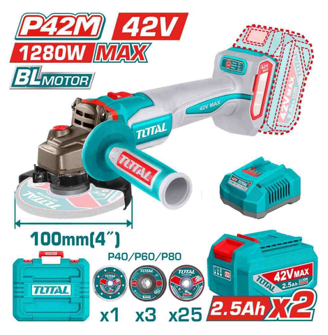 [HỆ PIN 42V MAX] Máy mài góc không chổi than dùng pin 42V MAX TOTAL TAGLI4128102 - HỆ PIN 42V MAX THẾ HỆ MỚI
