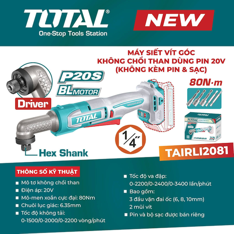 Máy Siết Vít Góc Pin 20V TOTAL TAIRLI2081 - Động Cơ Không Chổi Than, Lực Siết 80Nm