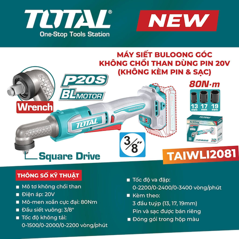 Máy Siết Bu Lông Góc Dùng Pin 20V TOTAL TAIWLI2081 - Động Cơ Không Chổi Than, Lực Siết 80Nm (Chưa Pin & Sạc)
