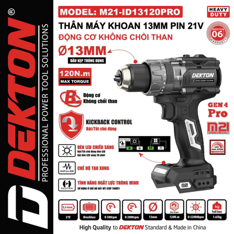Thân Máy Khoan Pin 21V Dekton M21-ID13120PRO Gen 4 Pro – Đầu Kẹp 13mm Động Cơ Không Chổi Than (Lực Siết 120N.m)