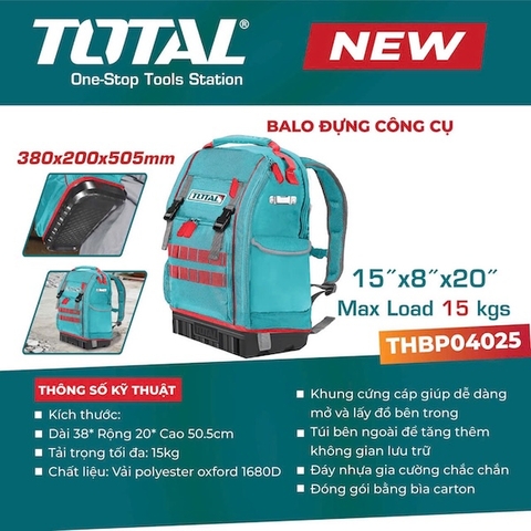 Balo đựng đồ nghề cao cấp TOTAL THBP04025 - Chịu tải 15kg, Đáy nhựa chống nước