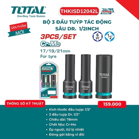 Bộ 3 Đầu Tuýp Tác Động Sâu Dr. 1/2 Inch Total THKISD12042L - Thép Cr-Mo, Chuyên Dụng Mở Bánh Xe