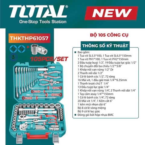 Bộ đồ nghề đa năng 105 chi tiết TOTAL THKTHP61057 cho gia đình và thợ máy