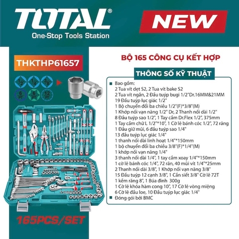 Bộ dụng cụ sửa chữa 165 chi tiết TOTAL THKTHP61657 (Đầu tuýp, Cờ lê, Tua vít S2)