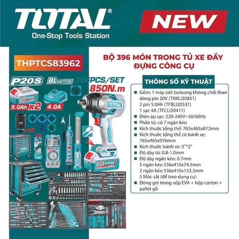 Bộ 396 Món Trong Tủ Xe Đẩy Công Cụ TOTAL THPTCS83962 - Kèm Máy Siết Bu Lông 850Nm