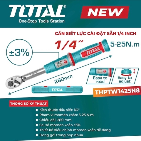 Cần Siết Lực 1/4 Inch TOTAL THPTW1425N8 (5-25N.m) - Độ Chính Xác +/- 3%
