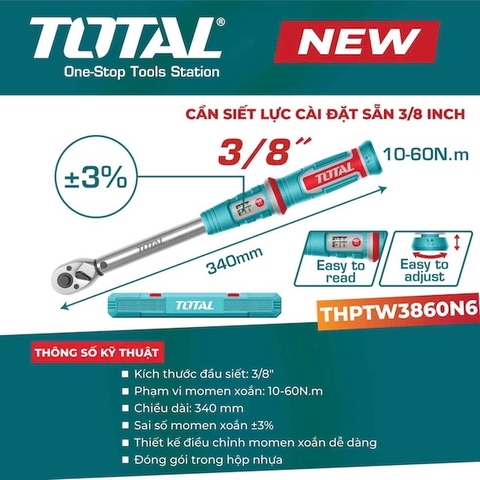 Cần Siết Lực 3/8 Inch TOTAL THPTW3860N6 (10-60N.m) - Độ Chính Xác +/- 3%