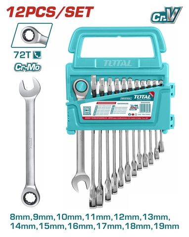 Bộ 12 Cờ Lê Vòng Miệng Xoay Chiều TOTAL THT102RK0126 – Cr-Mo, 8-19mm, Mạ Bóng Chống Gỉ