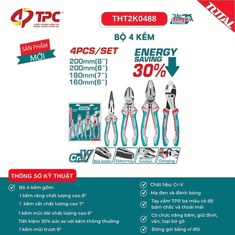Bộ 4 Kềm Tay Cầm TPR Chuyên Dụng TOTAL THT2K0488 Tiết Kiệm Năng Lượng 30%