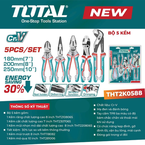 Bộ Kìm Total THT2K0588 5 Chi Tiết Kìm Cơ Khí Cr-V Cao Cấp Tiết Kiệm 30% Lực Kẹp