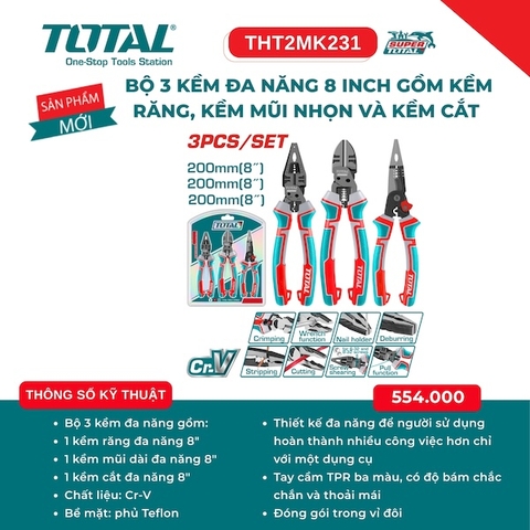 Bộ 3 Kìm Đa Năng 8 Inch Total THT2MK231 – Thép Cr-V Phủ Teflon Cao Cấp (Kìm Răng, Kìm Cắt, Kìm Mũi Nhọn)