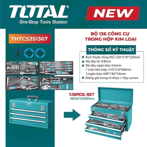 Bộ 136 Công Cụ Trong Hộp Kim Loại TOTAL THTCS351367 - 3 Ngăn Kéo Chuyên Nghiệp