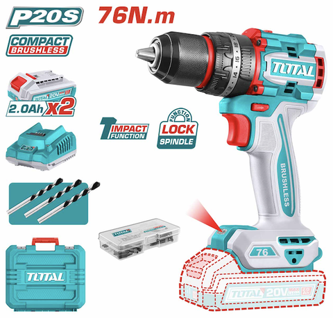 Máy Khoan Động Lực TOTAL TIDLI20768 Không Chổi Than | 76Nm | Dùng Pin 20V Có Búa