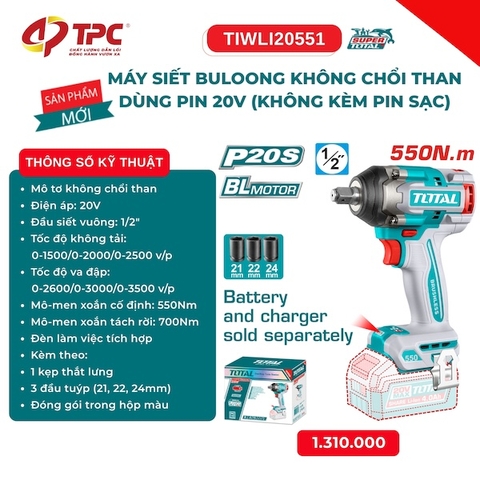 Máy Siết Bu Lông Không Chổi Than Dùng Pin 20V TOTAL TIWLI20551 - Lực Siết 550Nm, Đầu Vuông 1/2 Inch