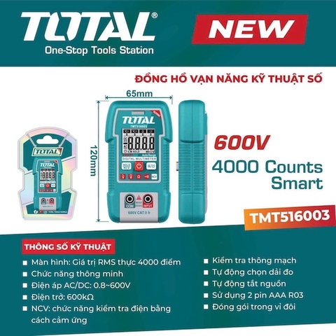 Đồng Hồ Vạn Năng Kỹ Thuật Số Thông Minh TOTAL TMT516003 - True RMS 4000 Counts, Đo AC/DC 600V, NCV Cảm Ứng