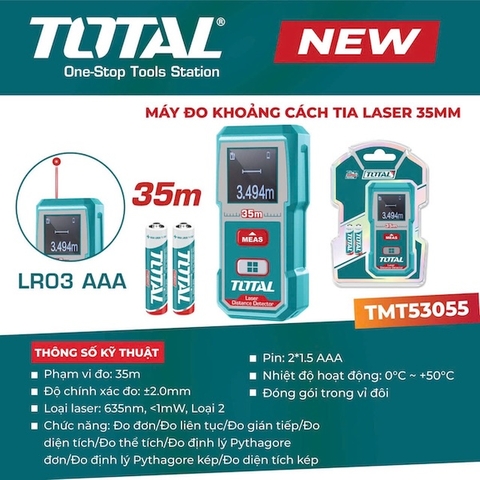Máy Đo Khoảng Cách Tia Laser 35m TOTAL TMT53055 - Độ Chính Xác ±2.0mm, Đa Năng (Diện Tích, Thể Tích, Pythagoras)