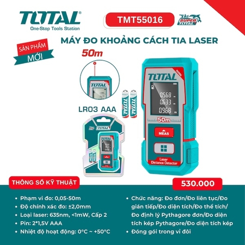 Máy Đo Khoảng Cách Tia Laser 50m Total TMT55016 - Chính Xác ±2.0mm, Đa Năng Thông Minh