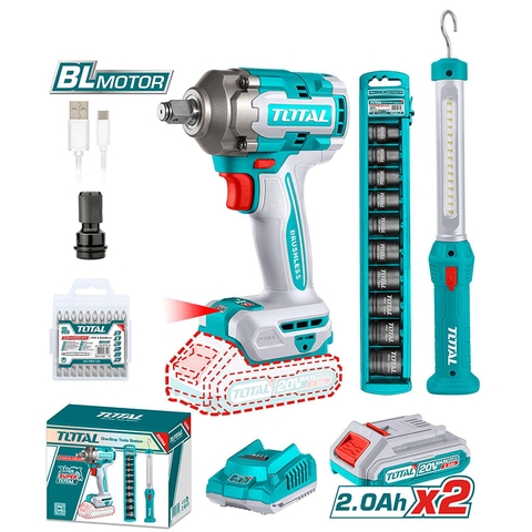 Bộ combo máy siết buloong không chổi than TIWLI2040 & dèn làm việc TWLI35261 dùng pin 20V TOTAL TOSLI23048