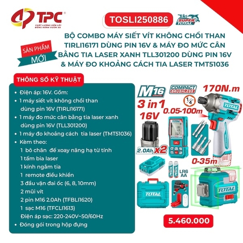 Bộ Combo Máy Siết Vít Không Chổi Than, Máy Cân Bằng Laser & Máy Đo Khoảng Cách 16V Total TOSLI250886