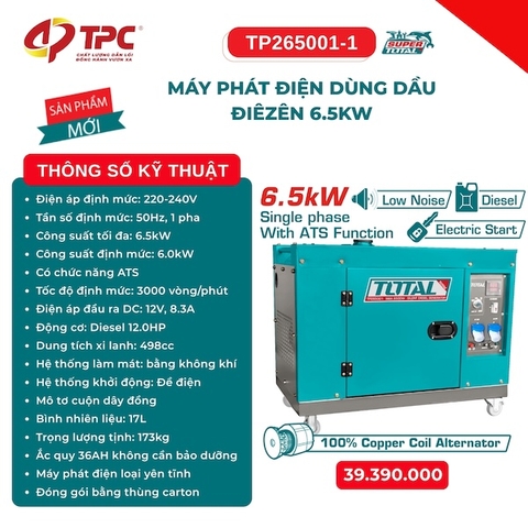 Máy Phát Điện Chạy Dầu Diesel 6.5kW TOTAL TP265001-1 - Tích Hợp ATS, Chống Ồn Siêu Êm (Low Noise)