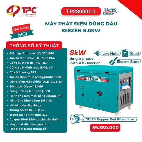 Máy Phát Điện Chạy Dầu Diesel 8.0kW TOTAL TP280001-1 - Có Chức Năng ATS, Chống Ồn Siêu Êm