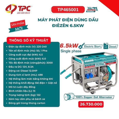 Máy Phát Điện Dùng Dầu Diesel 6.5kW Total TP465001 - Động Cơ 12HP, Khởi Động Đề Điện