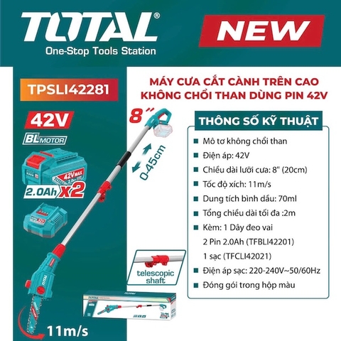 Máy Cưa Xích Cắt Cành Trên Cao Dùng Pin 42V TOTAL TPSLI42281 - Động Cơ Không Chổi Than (Brushless), Lam 8 inch