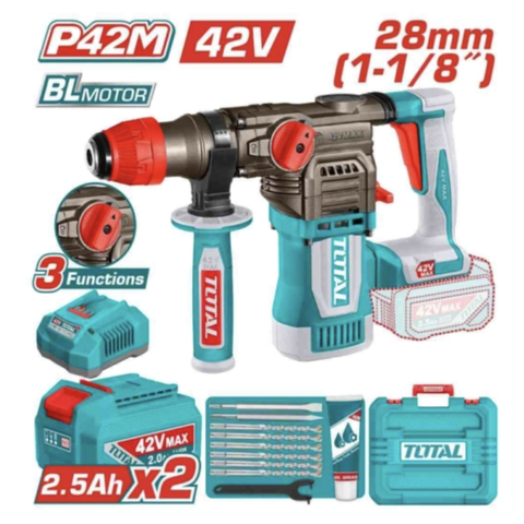 [HỆ PIN 42V MAX] Máy khoan bê tông 28mm không chổi than dùng pin 42V MAX TOTAL TRHLI422882 - HỆ PIN 42V MAX THẾ HỆ MỚI