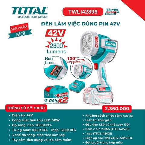 Đèn Làm Việc Dùng Pin 42V Total TWLI42896 (2800 Lumens) - Kèm 2 Pin 2.0Ah & 1 Sạc