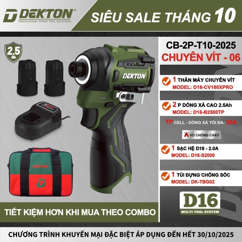Bộ Máy Vặn Vít DEKTON D16-CV180XPRO Siêu Lực, Kèm 2 Pin Xả Cao 2.5Ah
