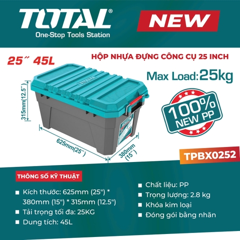Hộp Đựng Đồ Nghề Total TPBX0252 25 Inch 45L Nhựa PP Khóa Kim Loại Tải Trọng 25Kg