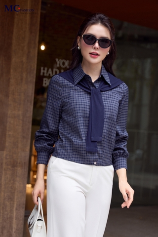 SƠ MI THỜI TRANG KẺ Ô VUÔNG KHĂN CHOÀNG AT247