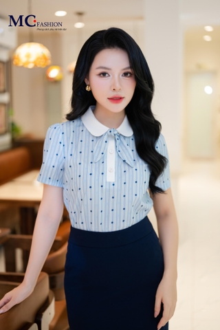 ÁO THỜI TRANG PHỐI CỔ HỌA THIẾT CHẤM BI AT223