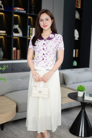 ÁO THỜI TRANG HỌA TIẾT HOA NHÍ CỔ PHỐI VÀ HOA CỔ AT205