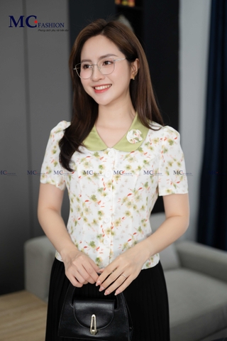 ÁO THỜI TRANG HỌA TIẾT HOA NHÍ CỔ PHỐI VÀ HOA CỔ AT205