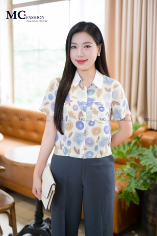 ÁO SƠ MI THỜI TRANG HỌA TIẾT HOA CỔ PHỐI TRƠN AT197