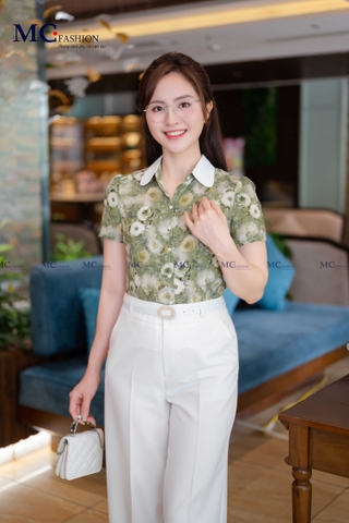 SƠ MI THỜI TRANG HỌA TIẾT HOA PHỐI CỔ TRƠN AT201