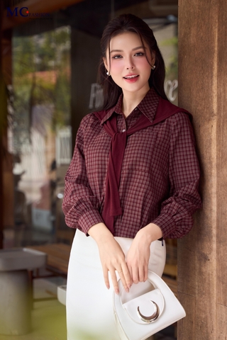 SƠ MI THỜI TRANG KẺ Ô VUÔNG KHĂN CHOÀNG AT247
