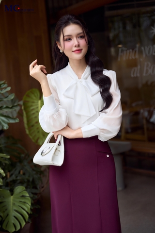 ÁO THỜI TRANG CÔNG SỞ TAY VOAN CỔ THẮT NƠ AT238