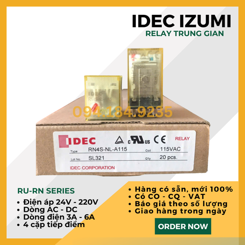 Relay 3A 110VAC - Rơ le nguồn nhỏ gọn IDEC RN4S-NL-A115 _ Relay IDEC RN4S-NL-A115 _ Relay Trung Gian 3A _ Đầu relay - Không đế