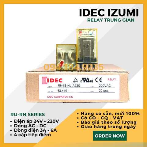 Relay 3A 220VAC - Rơ le nguồn nhỏ gọn IDEC RN4S-NL-A220 _ Relay IDEC RN4S-NL-A220 _ Relay Trung Gian 3A _ Đầu relay - Không đế