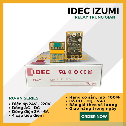 Relay 6A 24VDC - Rơ le nguồn nhỏ gọn IDEC RU4S-D24 _ Relay IDEC RU4S D24 _ Relay Trung Gian 6A _ Đầu relay - Không đế