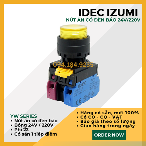 Nút nhấn nhả có đèn IDEC YW1L-M2E01Q4Y 24VAC/DC D22 1NC (VÀNG) - Nút Ấn Có Đèn VÀNG Phi 22 - Đề Có Đèn VÀNG IDEC - Tiếp Điểm Đơn Tự Chọn